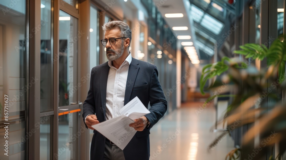 Fototapeta premium Middle-aged businessman carrying document paper, company boss wearing white shirt and black suit, walking proudly in the office.