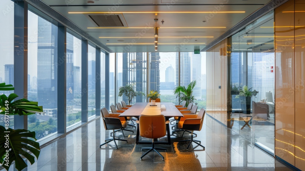Modern conference room with city skyline view, featuring large glass windows, sleek furniture, and greenery accents. Modern conference room with city skyline view, featuring large glass windows, sleek furniture, and greenery accents.