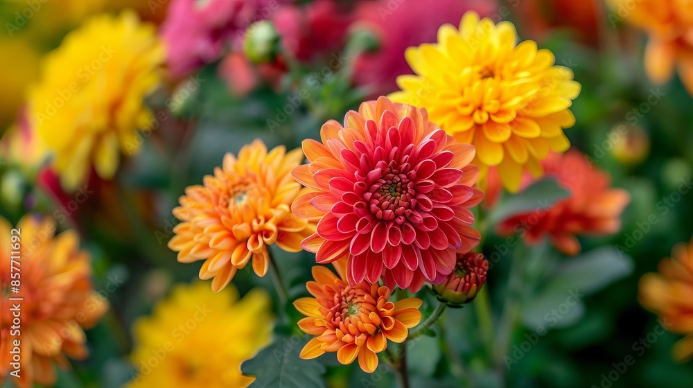 Vibrant Chrysanthemum Flowers in Full Bloom, Autumn Garden Beauty with Bright Vivid Colors Vibrant Chrysanthemum Flowers in Full Bloom, Autumn Garden Beauty with Bright Vivid Colors