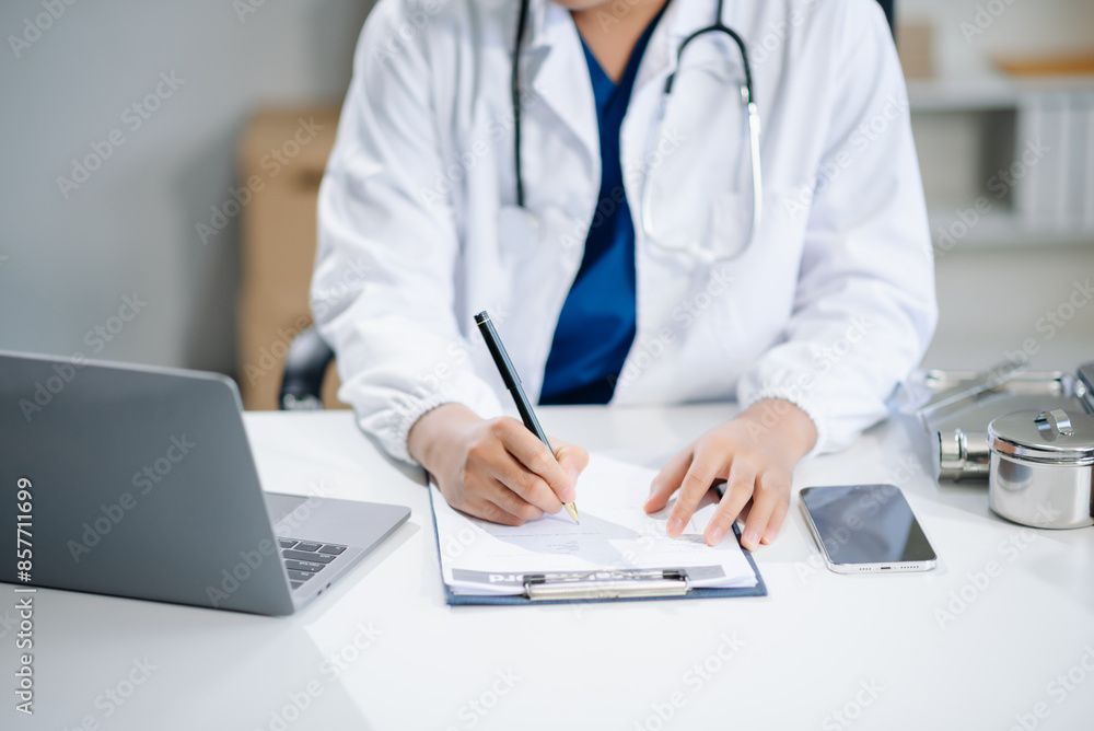 Medical technology concept. Doctor working with mobile phone and stethoscope