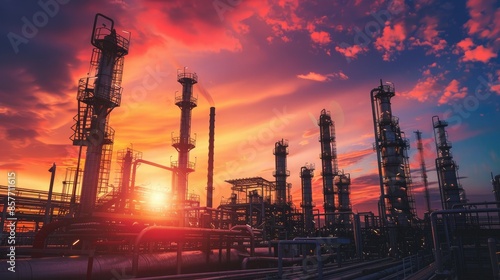 Industrial oil refinery plant at sunset with dramatic sky, pipelines, and distillation towers in silhouette. photo