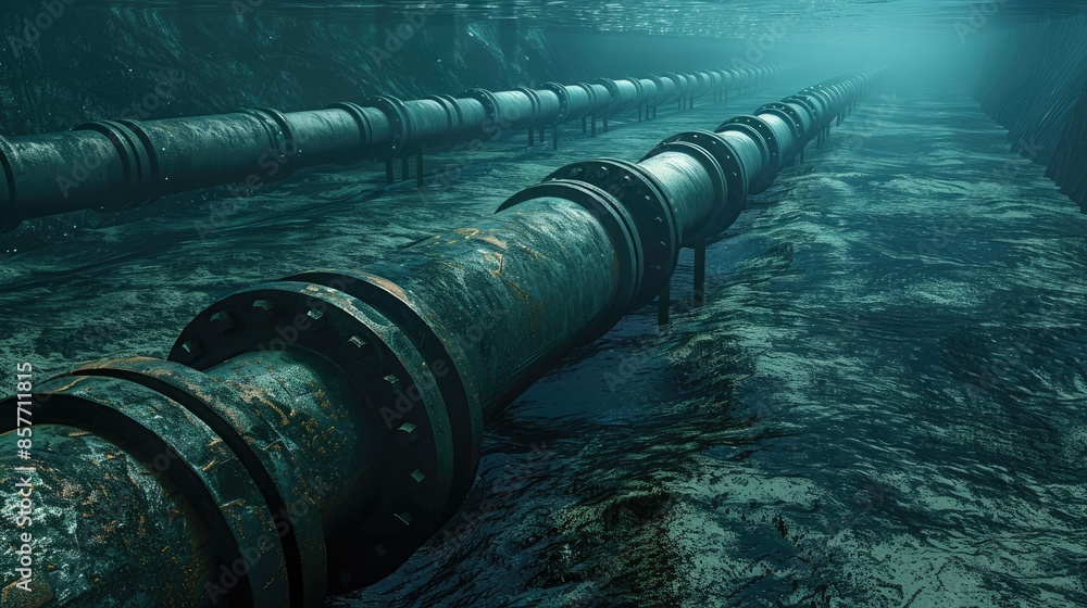Underwater pipeline infrastructure showcasing large metal pipes on the ocean floor, illustrating engineering and industry. Underwater pipeline infrastructure showcasing large metal pipes on the ocean floor, illustrating engineering and industry.