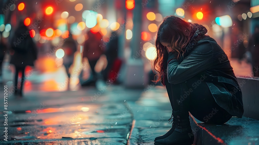 Fototapeta premium A woman s moment of vulnerability amidst the vibrant city life