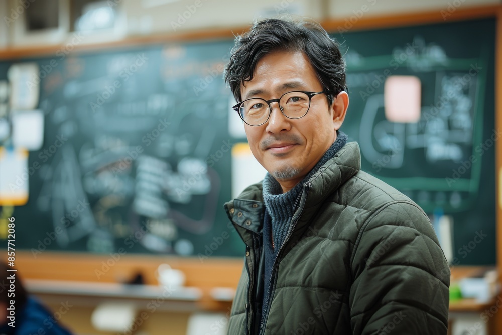 Fototapeta premium Portrait of an Asian male teacher at the blackboard in the classroom