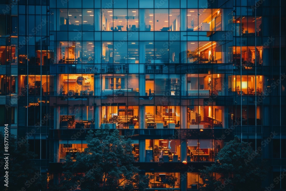 A serene twilight view of a modern office space featuring a glass building illuminated against the evening sky