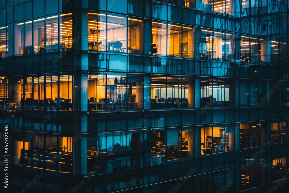 A serene twilight view of a modern office space featuring a glass building illuminated against the evening sky A serene twilight view of a modern office space featuring a glass building illuminated against the evening sky