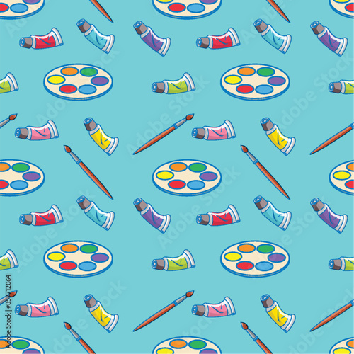 Seamless pattern of paint tubes and palettes