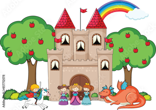 Castle scene with princesses, knight, dragon, and rainbow