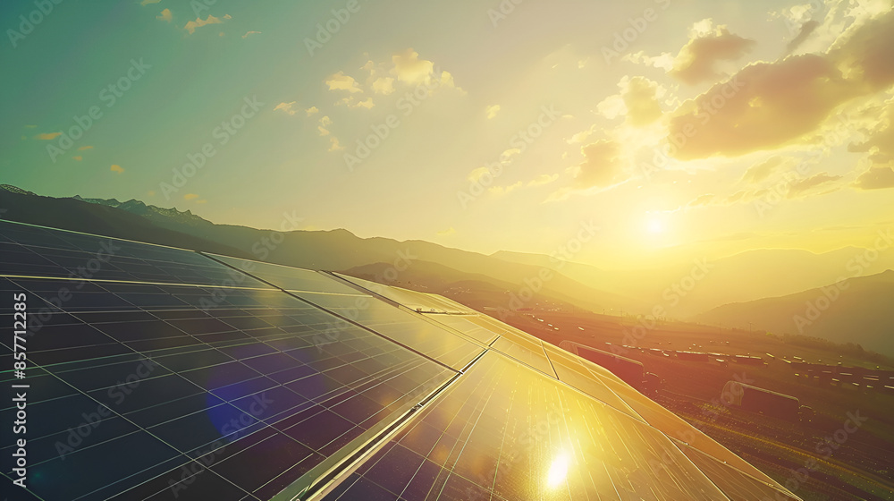 Fototapeta premium Alternative energy To conserve the world's energy (Solar panels in the sky),Dirty solar cell panels are under the evening sunlight and the reflection of surrounding small grass 