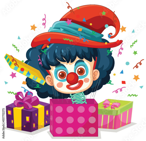 Clown popping out of gift boxes