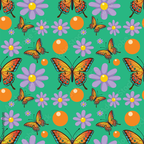 Colorful butterflies and flowers on a green background