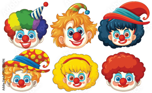 Six vibrant clown faces with different hats