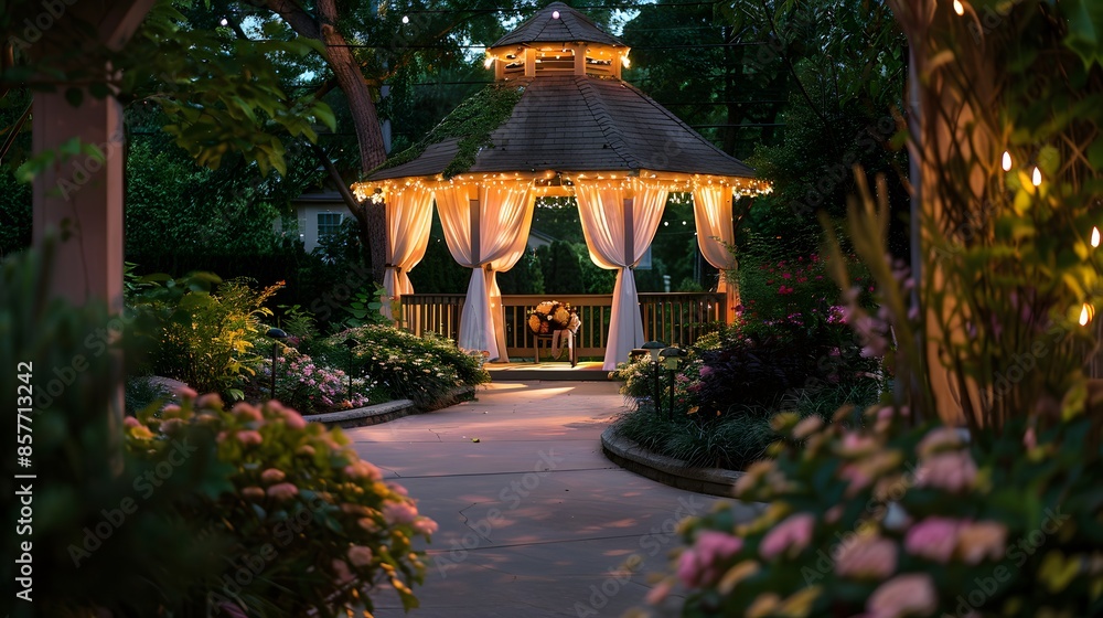 Fototapeta premium A gazebo with white curtains and lights hanging from the roof