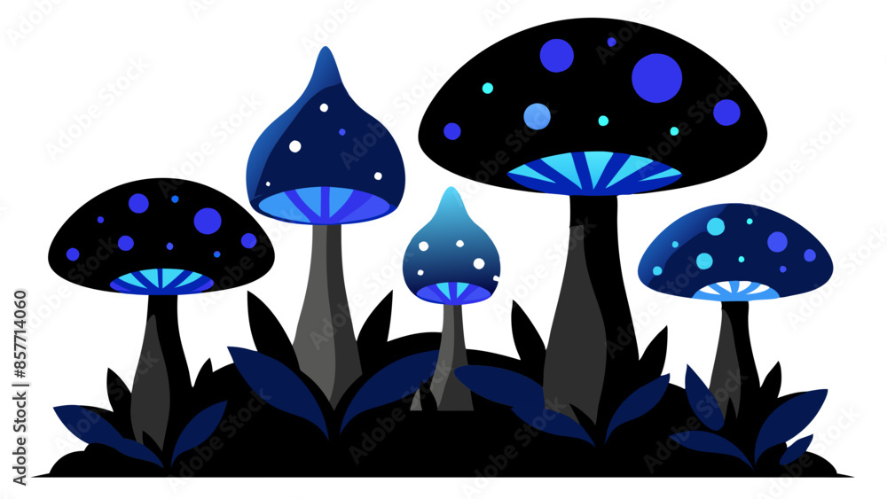 4 blue and black mushrooms luminescent in the dark forest vector 4 blue and black mushrooms luminescent in the dark forest vector