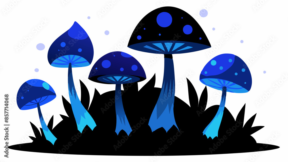 4 blue and black mushrooms luminescent in the dark forest vector 4 blue and black mushrooms luminescent in the dark forest vector