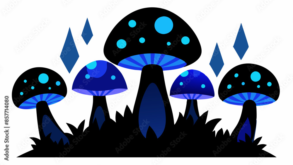 Fototapeta premium 4 blue and black mushrooms luminescent in the dark forest vector