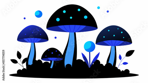 4 blue and black mushrooms luminescent in the dark forest vector
