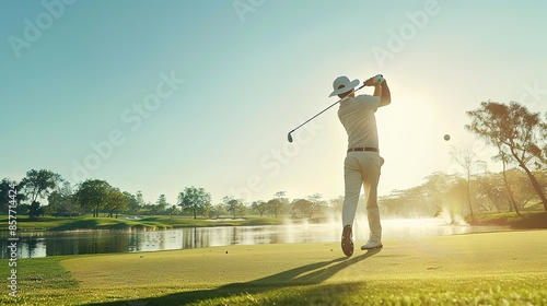 Photo of a golfer in mid swing photo