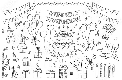 誕生日にまつわる線画のイラストセット