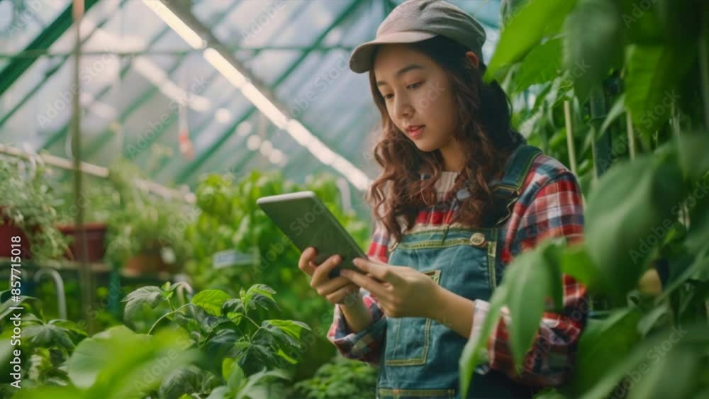 Woman working with tablet in a greenhouse surrounded by lush greenery,generative ai Woman working with tablet in a greenhouse surrounded by lush greenery,generative ai