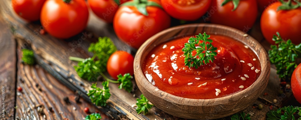On a weathered wooden surface, a bowl filled with smooth tomato ketchup stands amidst plump red tomatoes and garnished with lush parsley. This appetizing scene provides plenty of copyspace, perfect On a weathered wooden surface, a bowl filled with smooth tomato ketchup stands amidst plump red tomatoes and garnished with lush parsley. This appetizing scene provides plenty of copyspace, perfect
