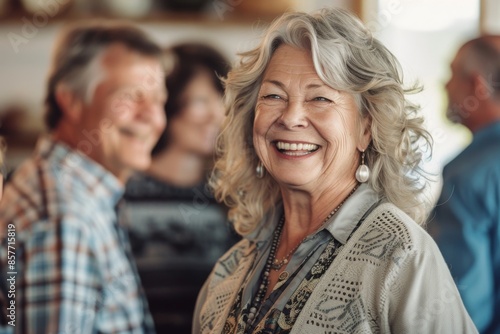 Portrait of smiling senior woman with family in background at home.