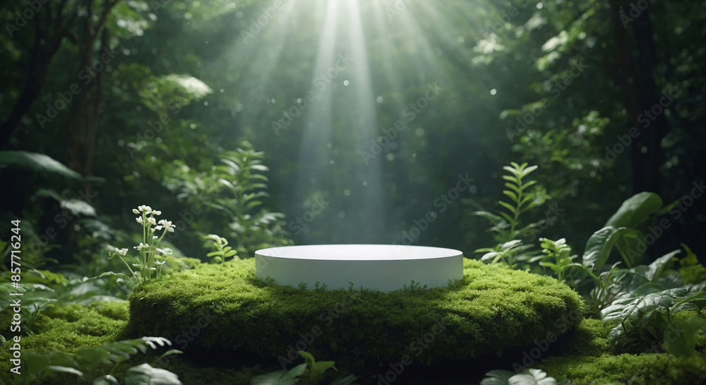 A white platform is surrounded by lush greenery, including moss, leaves, and small light green flowers. Grass 3D podium green background field land ground render isolated garden platform patch. A white platform is surrounded by lush greenery, including moss, leaves, and small light green flowers. Grass 3D podium green background field land ground render isolated garden platform patch.