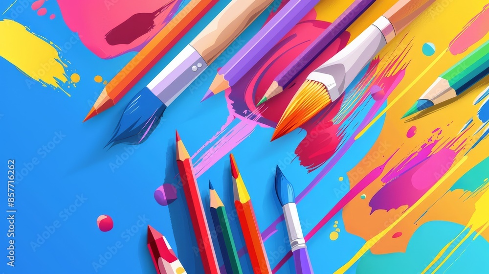 Paint, pencils and brushes on paper equipment for art Paint, pencils and brushes on paper equipment for art