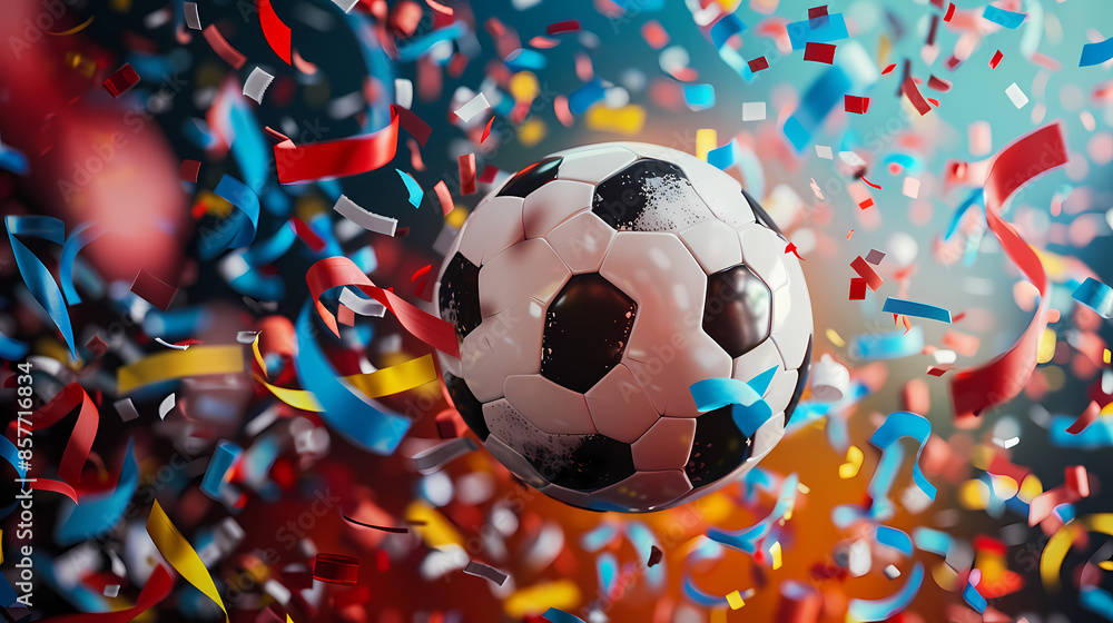 Soccer ball on football field with confetti and ribbons Soccer ball on football field with confetti and ribbons