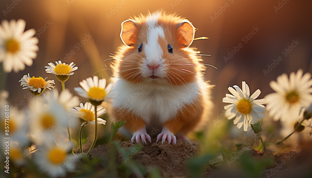 guinea pig hamster on grass with flowers guinea pig hamster on grass with flowers