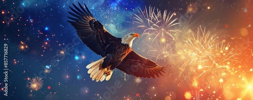 Majestic eagle flying with wings spread against a vibrant sky filled with colorful fireworks. Powerful and freedom symbol.