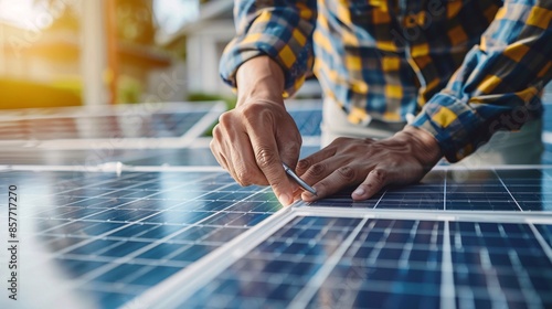 A close-up photo of weathered hands carefully counting a stack of solar panel blueprints, symbolizing the tangible impact of sustainable finance on the lives of ordinary people.