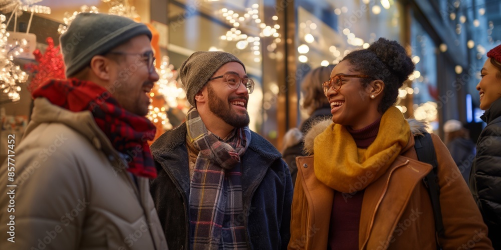 A cheerful group of friends is having a great time enjoying winter festivities together in the beautiful lights of the city, creating a cozy and joyful atmosphere full of happiness and laughter A cheerful group of friends is having a great time enjoying winter festivities together in the beautiful lights of the city, creating a cozy and joyful atmosphere full of happiness and laughter