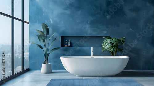 Blue bathroom interior, generative ai image of modern and minimalistic luxury bathroom. © Akash Tholiya