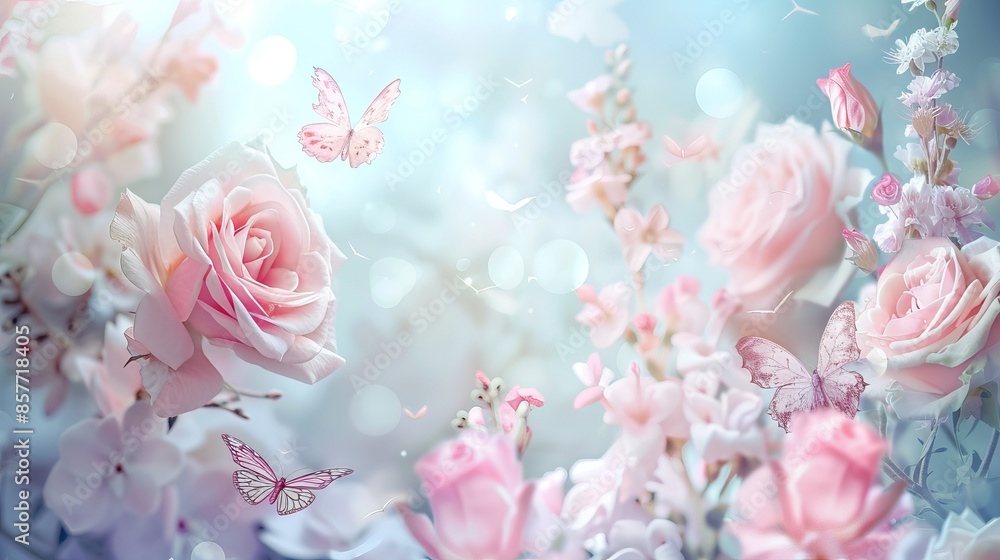 Mysterious Spring Banner with Blooming Roses and Butterflies in Soft Pastel Hues Mysterious Spring Banner with Blooming Roses and Butterflies in Soft Pastel Hues