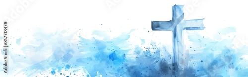 Watercolor blue religious background white cross on blue background