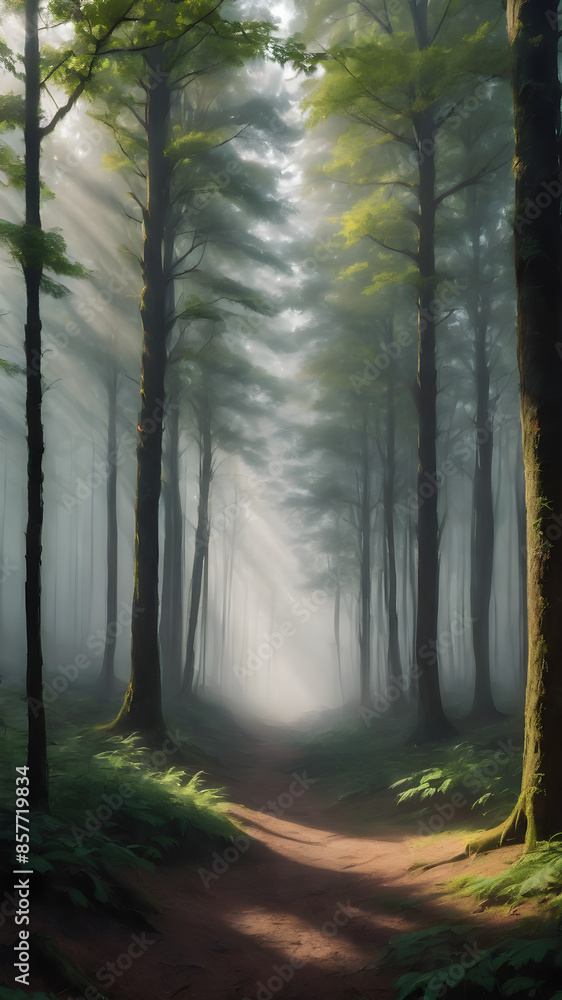 Obraz premium Capture the serene beauty of a forest in the early morning. Mist hangs low to the ground, with sunlight piercing through the trees, creating a mystical atmosphere.