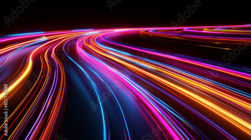 3D Render, Colorful Speed neon light trail on dark background, abstract motion curve light beam of fast moving, technology concept. © Nadeem