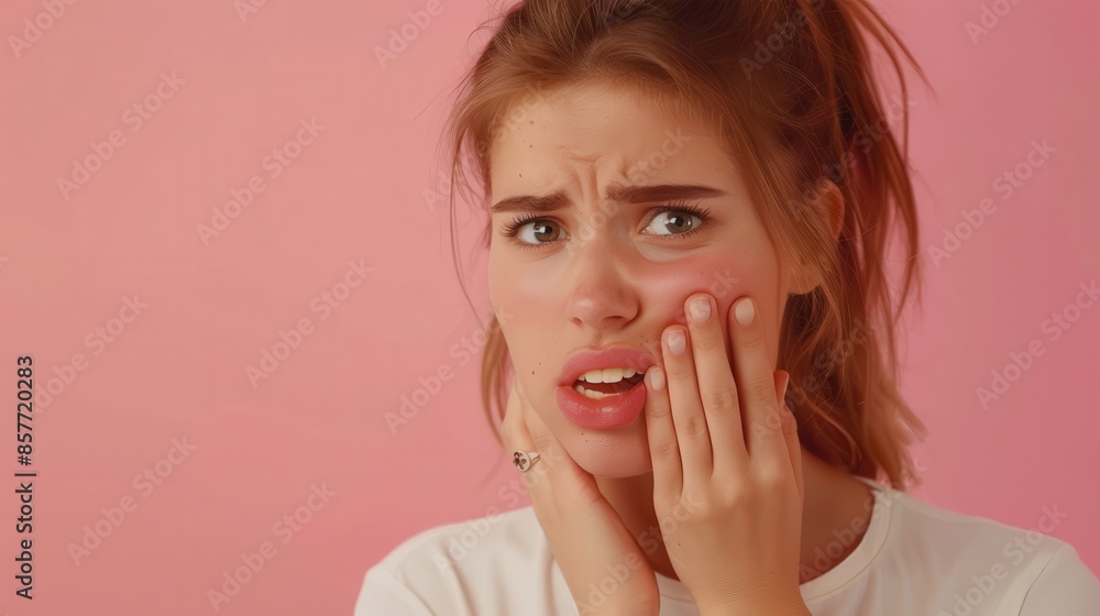 Woman with toothache holds face and looks pained Woman with toothache holds face and looks pained