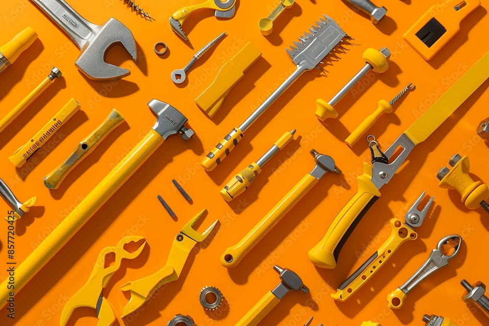 Fototapeta premium flat lay of many yellow construction tools on an orange background, simple composition, minimal concept, high resolution photography, insanely detailed and intricate, fine details, stock photo, profes