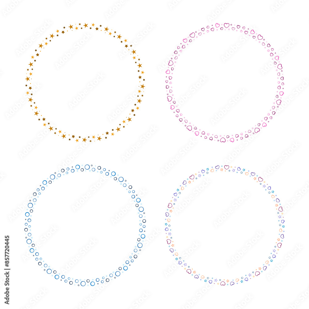 Set of four circular minimalistic border designs in various colors, perfect for creative projects and decorations. Set of four circular minimalistic border designs in various colors, perfect for creative projects and decorations.