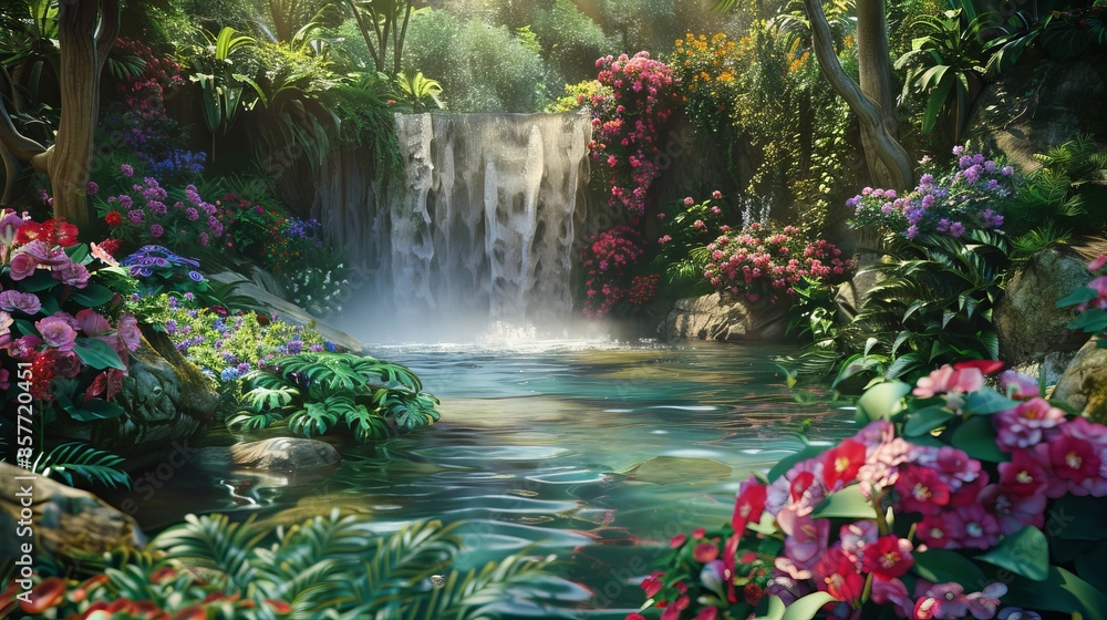 Paradise Landscape with Lush Gardens, Waterfalls, and Blossoming Flowers in Eden Paradise Landscape with Lush Gardens, Waterfalls, and Blossoming Flowers in Eden