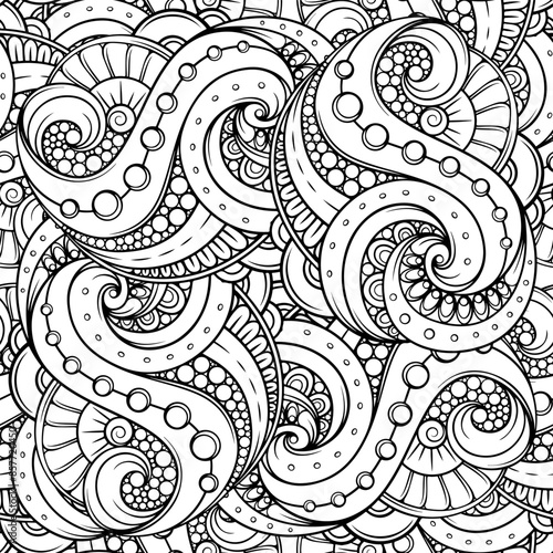 Detailed black and white vector seamless pattern coloring page with swirling designs and intricate details for stress relief.