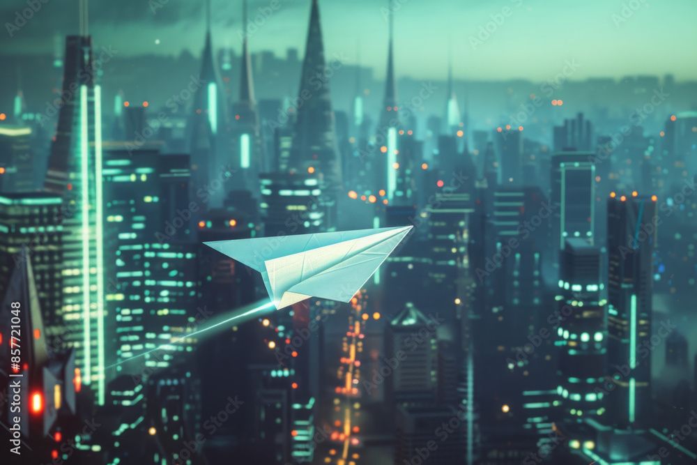 A paper airplane soaring above a digital cityscape A paper airplane soaring above a digital cityscape