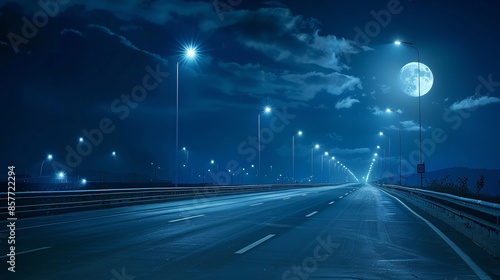 Moonlit highway with a lonely, empty road stretching ahead, illuminated by streetlights and the soft glow of the moon, highly detailed photograph, ultra-sharp and clear