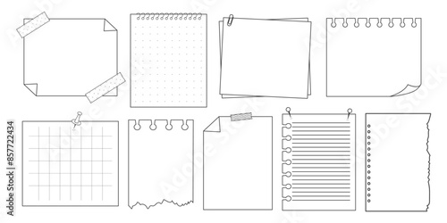 Memo sticky note reminder sheet paper. Doodle paper frame, check list with pin, tape, paperclip elements. Set cute notes, office or school messages.