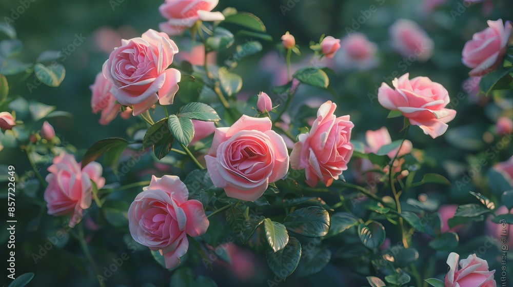 Obraz premium Soft Pink Roses in Full Bloom Displaying Delicate Petals and Lush Greenery