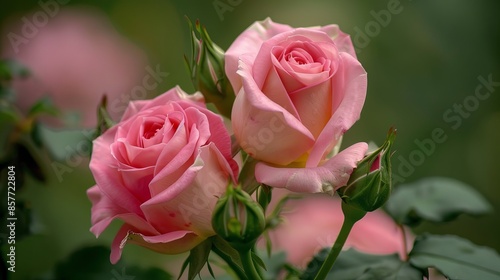 Pink roses in full bloom in a lush garden