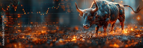 Animated stock market chart featuring a charging bull symbolizing an upward market trend, with dynamic financial graphics showcasing rising stock values in a modern trading style. photo