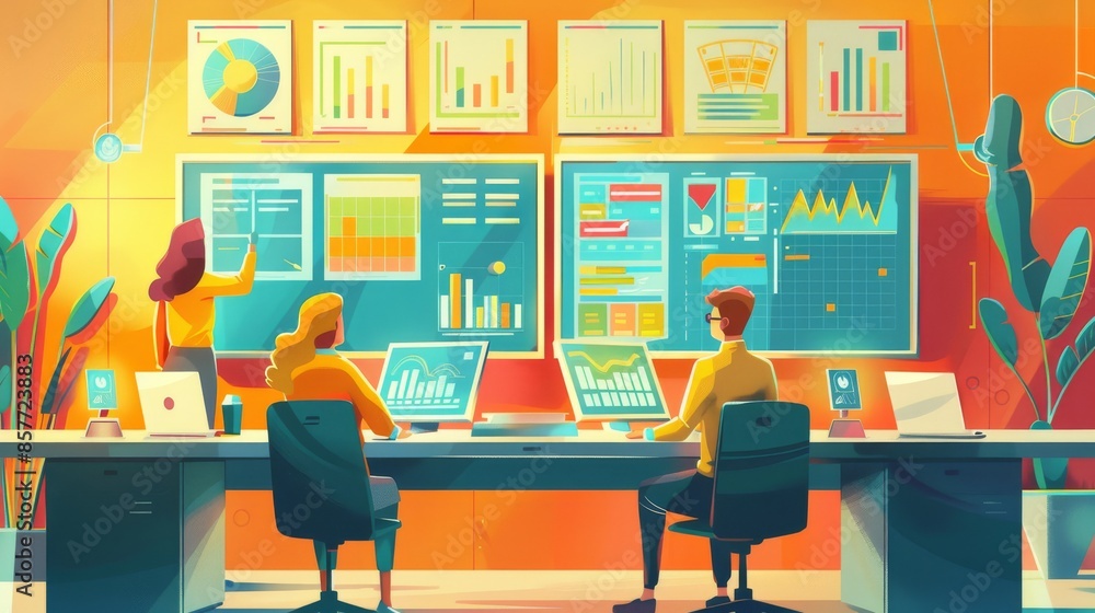 Fototapeta premium Dynamic E-Commerce Team Analyzing Data on Multiple Screens - Vibrant and Engaging Illustration